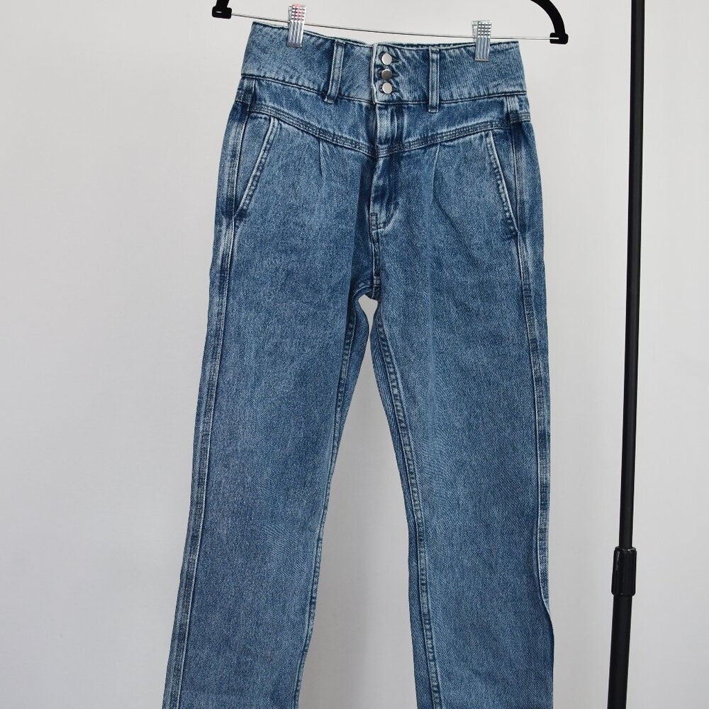 Sezane Sidney | High Waisted Straight Leg Jeans Button Detail Blue Denim - Picture 4 of 5